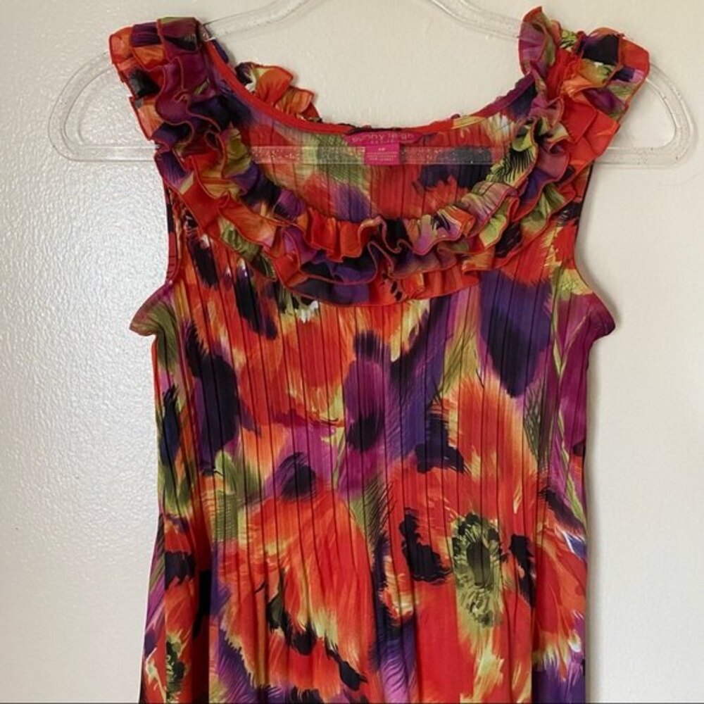 Sunny Leigh Women's Size PP Petite Small Colorful Floral Ruffled Neck Dress - Picture 2 of 6